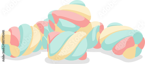 Pastel colored twisted marshmallows piled together on a white background