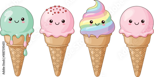 Here is the SEO-optimized content for your vector illustration featuring cute kawaii ice cream cones with faces.