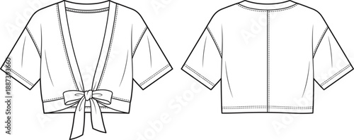 Women cropped wrap top technical fashion illustration, front and back view, short sleeve tie waist blouse flat vector design
