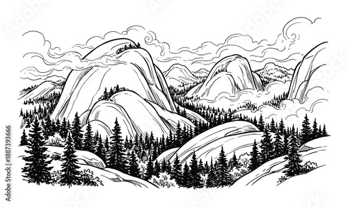 Hand drawn mountains and trees landscape illustration with clouds, line art drawing, nature scenery
