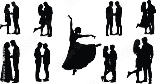 Here is the SEO-optimized content for your vector illustration featuring various romantic couple silhouettes and a solo dancer.