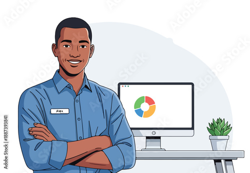 Young doctor working on laptop in office illustration