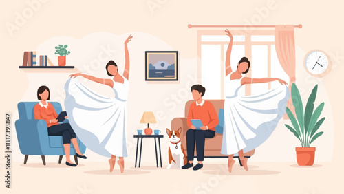 People dancing ballet in a cozy living room with a dog