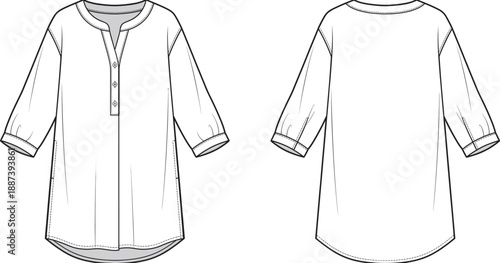 Technical fashion illustration of women long tunic top with three quarter sleeves and button placket, front and back view, clean line art apparel flat sketch