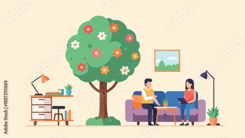 People conversing in a room with a tree, desk, couch and painting