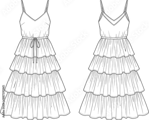 Technical fashion illustration of spaghetti strap women maxi dress with tiered skirt and drawstring waist, front and back view, clean line art apparel flat sketch