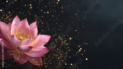 Stunning pink lotus flower with gold sparkles on dark background