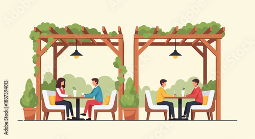 People dining and drinking at tables under a wooden pergola with vines