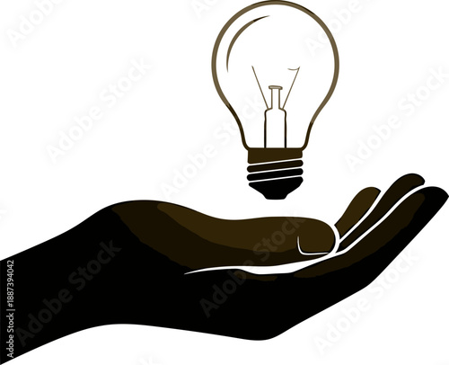 Human hand silhouette holding a bright glowing light bulb vector illustration