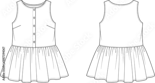 Technical fashion illustration of sleeveless girls dress with button front and gathered skirt, front and back view, clean line art apparel flat sketch