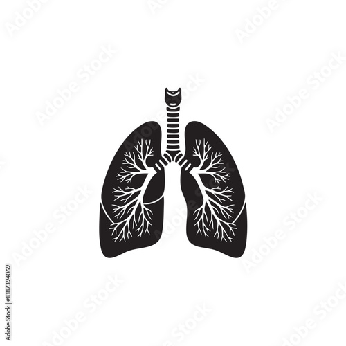 Human lungs silhouette vector illustration. Anatomical respiratory system icon. Black and white medical organ symbol with trachea and bronchial tree isolated on white background. Pulmonary health grap