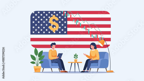 People discuss financial growth chart over US flag, dollar symbol, plants