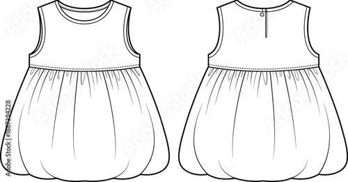 Technical fashion illustration of sleeveless baby girl dress front and back view, clean line art, children clothing design template, sewing pattern concept, apparel flat sketch