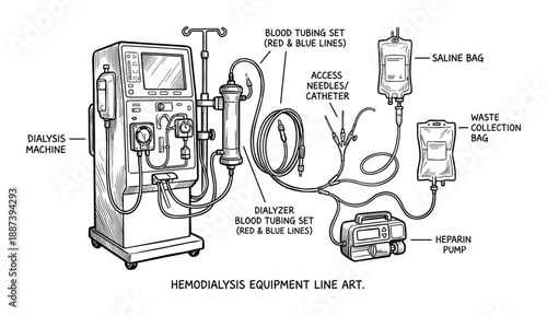 Hemodialysis Equipment Line Art Illustration with Dialysis Machine, Blood Tubing Set, Dialyzer and Waste Collection Bag.