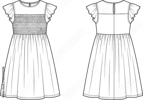 Technical fashion illustration of short sleeve girls dress with smocked bodice and flutter sleeves, front and back view, clean line art apparel flat sketch