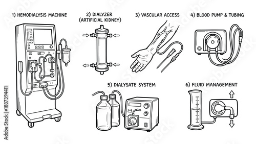 Hemodialysis machine with dialyzer, vascular access, blood pump, dialysate system and fluid management.
