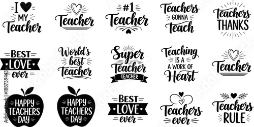 Collection of Teacher Appreciation Typography Designs and Quotes on White Background