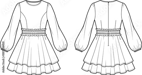 Technical fashion illustration of long sleeve girls dress with elastic waist and layered skirt, front and back view, clean line art apparel flat sketch