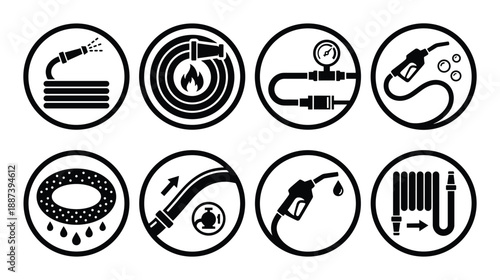 Hose icons set, showing liquid, pressure, nozzle, coiled, and water systems symbols, circle design for industry