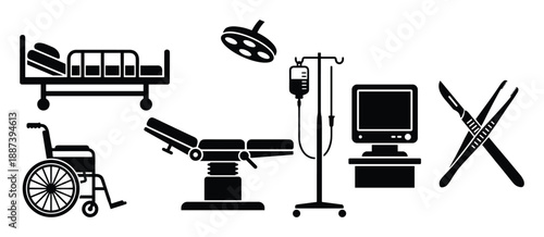 Hospital equipment vector illustration, surgical tools, bed, wheelchair, medical instruments, surgery table and monitor