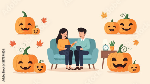 People discussing at home with pumpkins and autumn leaves