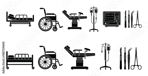 Hospital medical equipment set in black silhouette style includes bed, wheelchair, chair, IV stand, monitor and surgical instruments