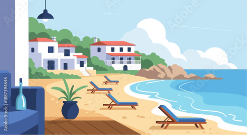 Peaceful coastal villas with empty beach chairs and turquoise waves