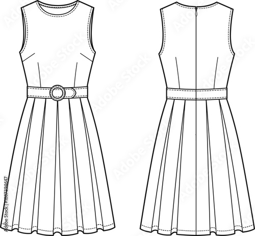Technical fashion flat sketch of sleeveless belted midi dress with pleated skirt and round neckline, front and back views, clean line art apparel illustration