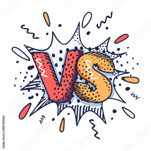 VS versus typography in comic book style featuring an explosive speech bubble and halftone texture