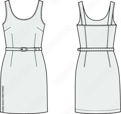 Technical fashion flat sketch of sleeveless belted sheath dress with wide straps and fitted silhouette, front and back views, clean line art apparel illustration