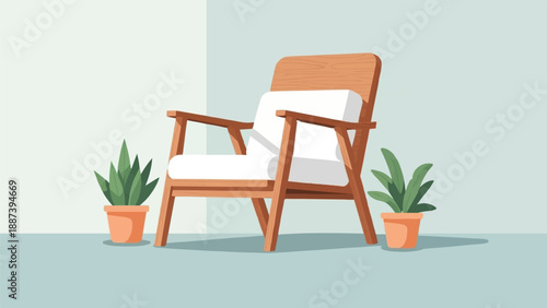 Minimalist wooden armchair with white cushions and potted plants