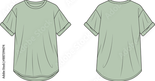 Technical fashion flat sketch of oversized t shirt with rolled short sleeves, crew neck, front and back views, clean line art apparel illustration