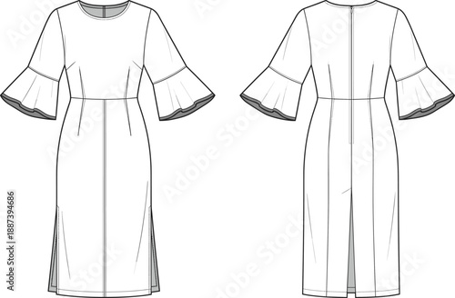 Technical fashion flat sketch of midi dress with flared bell sleeves and front slit, front and back views, clean line art apparel illustration design