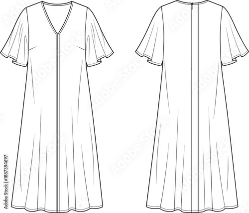 Technical fashion flat sketch of long V-neck dress with flutter sleeves and center seam, front and back views, clean line art apparel illustration