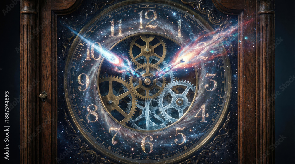 Obraz premium Surreal clock with intricate gears and cosmic elements, blending time and space captivating way