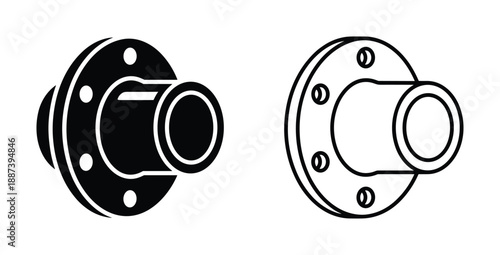 Industrial pipe flange vector illustration, technical drawing in black and white, metalwork equipment part.