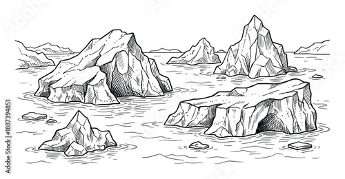 Icebergs in ocean landscape sketch illustration, iceberg caves, sea, mountains, hand drawn style, black and white landscape