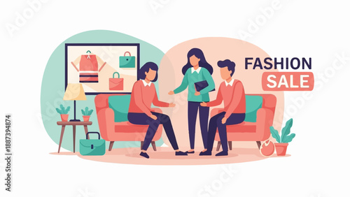 People discussing fashion sale options on a couch, near display