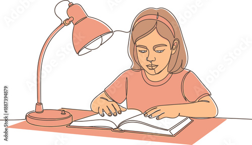 Young girl diligently reading a book under a bright desk lamp light