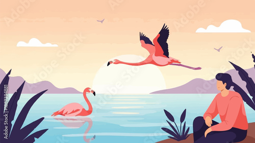 Peaceful lake scene with flamingos and a person at sunset