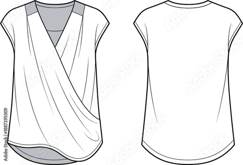 Minimalist sleeveless wrap top fashion technical flat sketch front and back view women modern blouse apparel design illustration