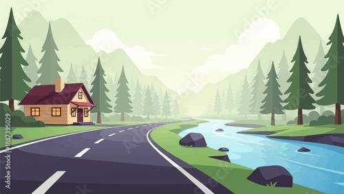 Peaceful mountain road curves past a cozy house and flowing river