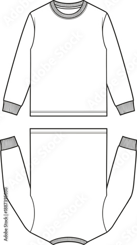 Minimal sweatshirt and pants technical fashion illustration set, front view outline design for apparel mockup template vector isolated