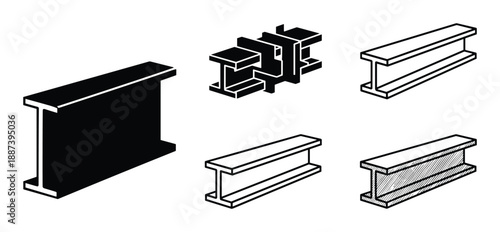 Isometric steel beams vector illustration, engineering structural support designs, industrial construction materials, girder shapes.