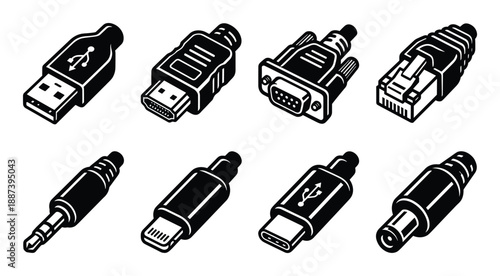 Isometric view of various computer and device connection cables and ports