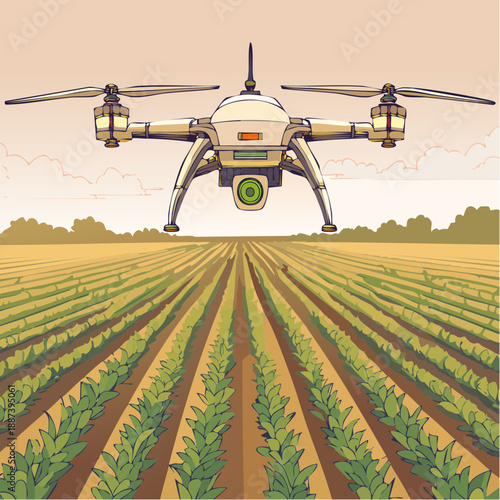 Modern quadcopter drone with a central camera for aerial surveillance.
