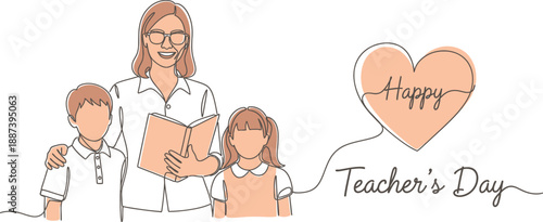 Continuous line drawing of a happy teacher and students celebrating Teacher's Day