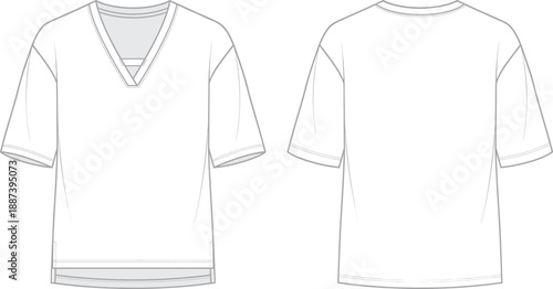 Minimalist men short sleeve V neck t shirt technical fashion flat sketch front and back view apparel design illustration
