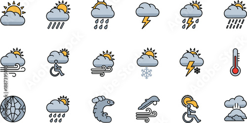 Professional inclusive weather icon set featuring sun clouds rain lightning and accessibility symbols for mobile app interface design.