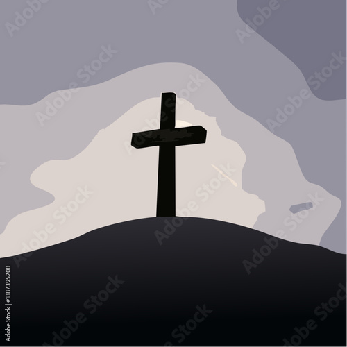 A simple black Christian cross silhouette standing on a hill.
